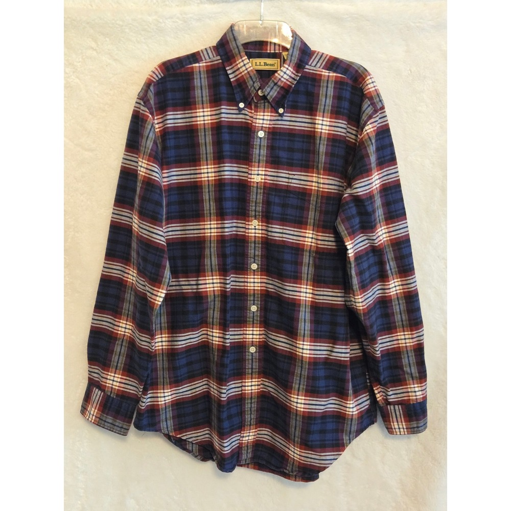 LL Bean Mens Large Tall Plaid Button Down Shirt Blue Red 100% Cotton Long Sleeve